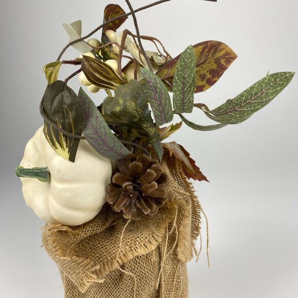 Autumn Greenery Burlap White Pumpkin Cottage Rustic Thanksgiving Centerpiece 14" - Picture 4 of 7